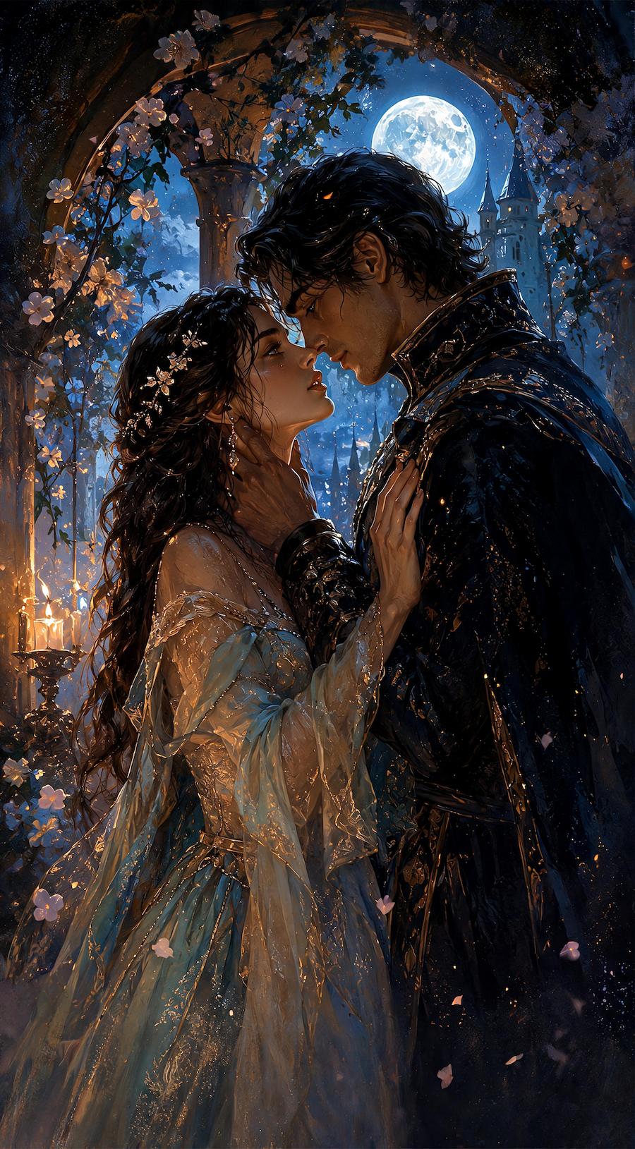 Moonlit romantasy couple artwork